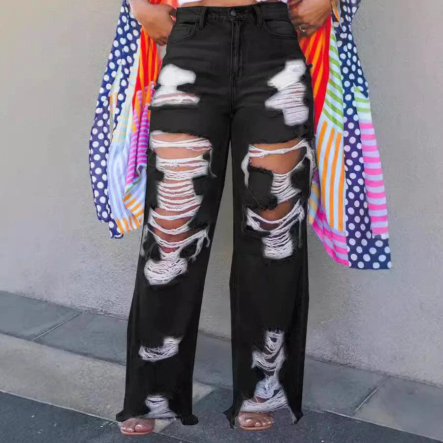 Burnt Flower High Waist Jeans - Trendy Women's Casual Denim Trousers for Spring/Summer 2025