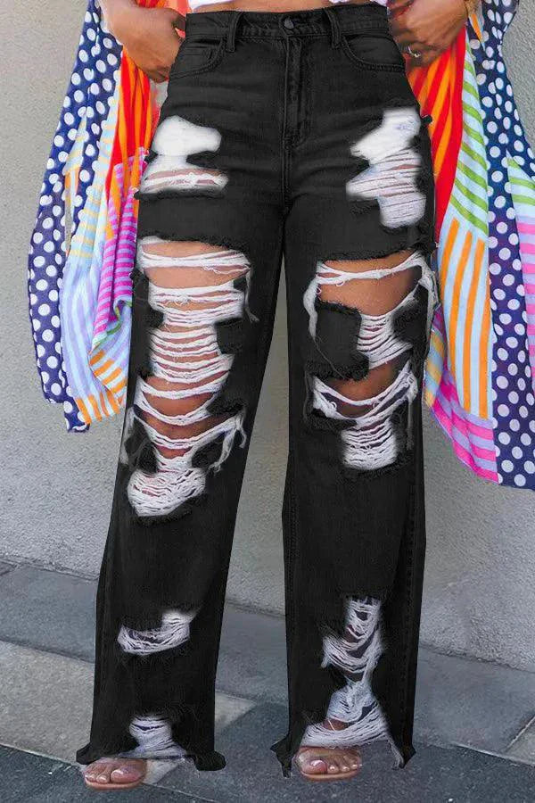 Burnt Flower High Waist Jeans - Trendy Women's Casual Denim Trousers for Spring/Summer 2025