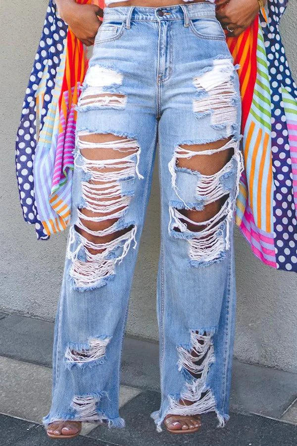 Burnt Flower High Waist Jeans - Trendy Women's Casual Denim Trousers for Spring/Summer 2025