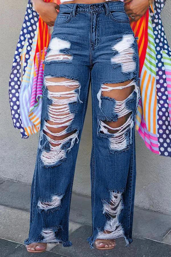 Burnt Flower High Waist Jeans - Trendy Women's Casual Denim Trousers for Spring/Summer 2025