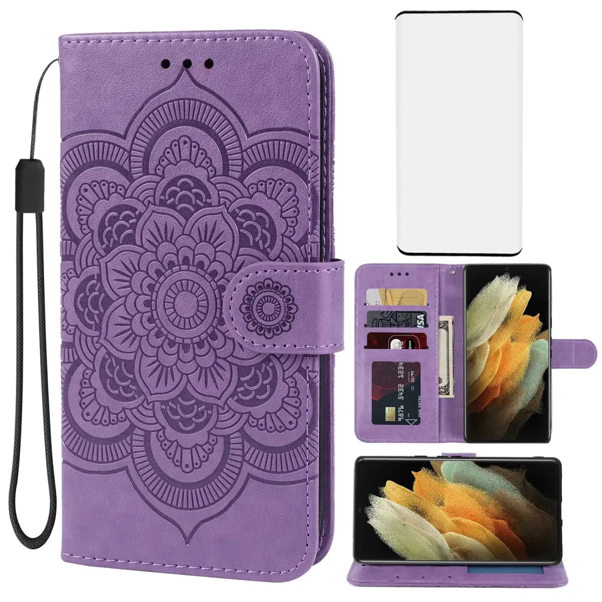 Bohefo Galaxy S21 Ultra Leather Wallet Case with Screen Protector - Purple